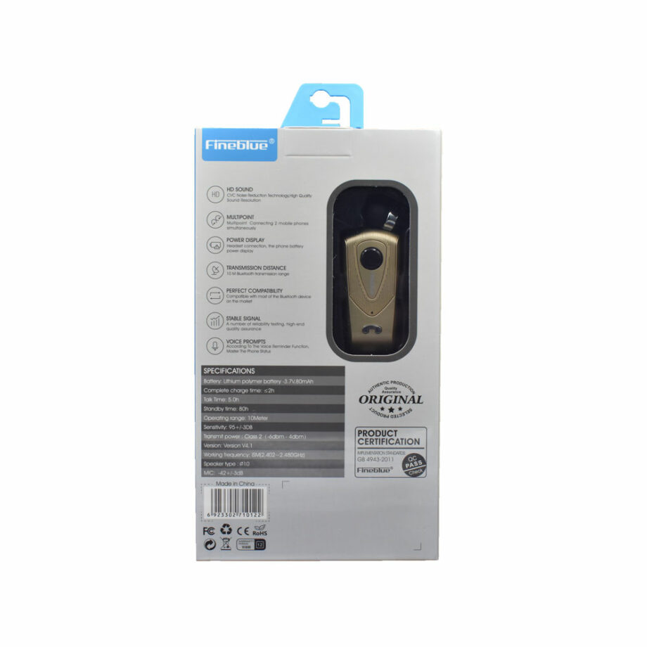 Fineblue F-930 Ακουστικό Headset Bluetooth με Δόνηση & Επεκτεινόμενο Καλώδιο Χρυσό