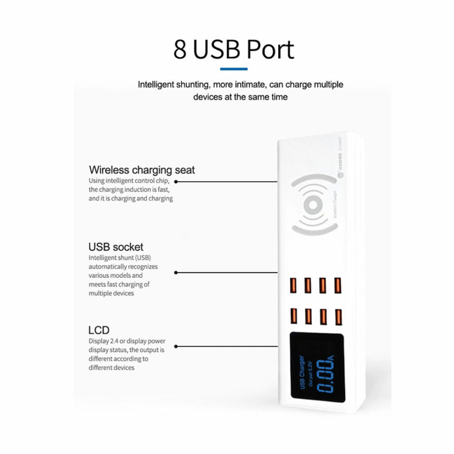 SUNSHINE stathmos fortisis SS-309WD, 8x USB 8A, wireless 10W, lefkos