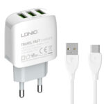 LDNIO φορτιστής τοίχου A3312 με καλώδιο USB-C, 3x USB, 17W, λευκός