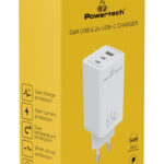 POWERTECH φορτιστής τοίχου PT-1094, USB & 2x USB-C, 65W, GaN, λευκός