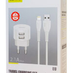 USAMS φορτιστής τοίχου T20 & καλώδιο Lightning, 2x USB, 2.1A, λευκός