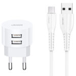 USAMS φορτιστής τοίχου T20 & καλώδιο Micro USB, 2x USB, 2.1A, λευκός