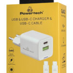 POWERTECH φορτιστής τοίχου PT-1224, καλώδιο, USB/USB-C, 33W, GaN, λευκός