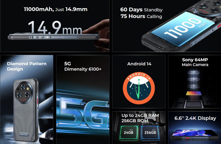 OUKITEL smartphone WP35 5G, 6.6", 8/256GB, IP68/IP69K, 11000mAh, γκρι