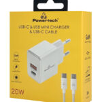 POWERTECH φορτιστής τοίχου PT-1248, καλώδιο, USB/USB-C, 20W, GaN, λευκός