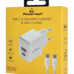POWERTECH φορτιστής τοίχου PT-1249, καλώδιο, USB/USB-C, 30W, GaN, λευκός