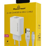 POWERTECH φορτιστής τοίχου PT-1324 με καλώδιο USB-C, 2x USB, 12W, λευκός