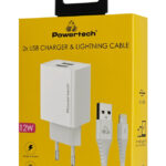 POWERTECH φορτιστής τοίχου PT-1325 με καλώδιο Lightning, 2x USB, 12W, λευκός