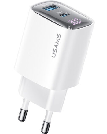 USAMS φορτιστής τοίχου US-CC229, USB & USB-C, 30W, GaN, λευκός