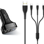 USAMS φορτιστής αυτοκινήτου C13 & καλώδιο 3 σε 1, 2x USB, 2.1A, μαύρο