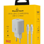 POWERTECH φορτιστής τοίχου PT-1351 με καλώδιο, USB/USB-C, 36W, GaN, λευκός