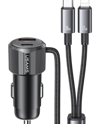 USAMS φορτιστής αυτοκινήτου CC287 με 2 σε 1 καλώδιο, USB/USB-C θύρες, 66W, μαύρος