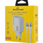 POWERTECH φορτιστής τοίχου PT-1415 με καλώδιο, USB/2x USB-C, 65W, GaN, λευκός