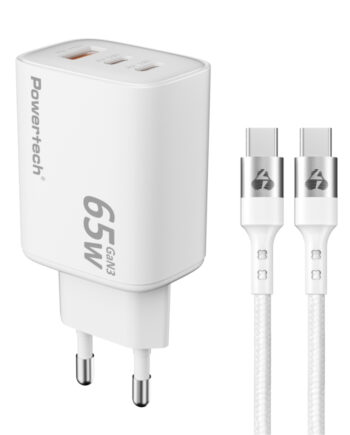 POWERTECH φορτιστής τοίχου PT-1415 με καλώδιο, USB/2x USB-C, 65W, GaN, λευκός