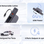 USAMS φορτιστής αυτοκινήτου US-SJ649 για Tesla(3/Y), με 2x καλώδια, USB/USB-C θύρες, 60W, γκρι